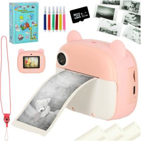 Momentinis fotoaparatas terminis spausdintuvas + kasetės kortelė 32GB rožinis meškiukas
