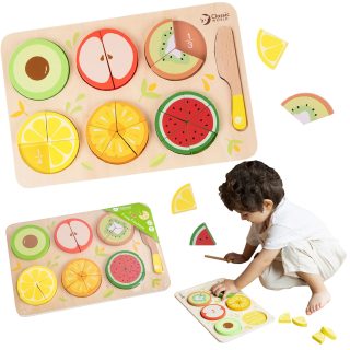 CLASSIC WORLD Wooden Fruits for Cutting with Velcro + Learning Fractions and Division MONTESSORI 23 pcs.