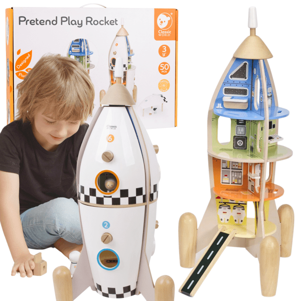 CLASSIC WORLD Wooden Rocket Children's House + Figurines Accessories