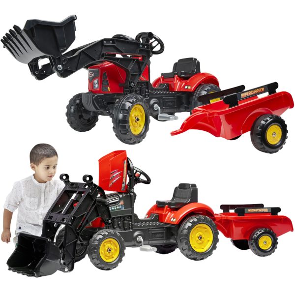 FALK-Supercharger-Tractor-Red-Opening-Hood-with-Trailer-Bucket-From-2-Years FALK Supercharger Tractor Red Opening Hood with Trailer + Bucket From 2 Years