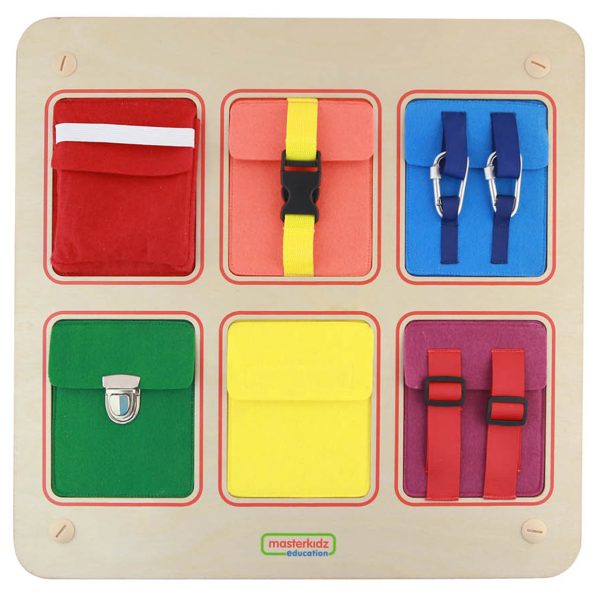 MASTERKIDZ-Wooden-Flex-Wall-Manipulation-Board-with-Colorful-Pockets-Buckles-and-Velcro MASTERKIDZ Wooden Flex Wall Manipulation Board with Colorful Pockets