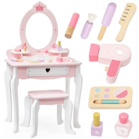 VIGA Large Wooden Dressing Table in White and Pink with Mirror and Chair