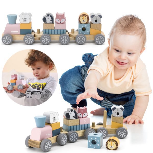VIGA-PolarB-Wooden-Train-with-Carriages-and-Animals-for-Montessori-Stacking VIGA PolarB Wooden Train with Carriages and Animals for Montessori Stacking