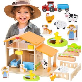 VIGA-Wooden-Farm-Farmers-House-with-Garden-and-Tractor-21-pieces VIGA Wooden Farm Farmer's House with Garden and Tractor 21 pieces