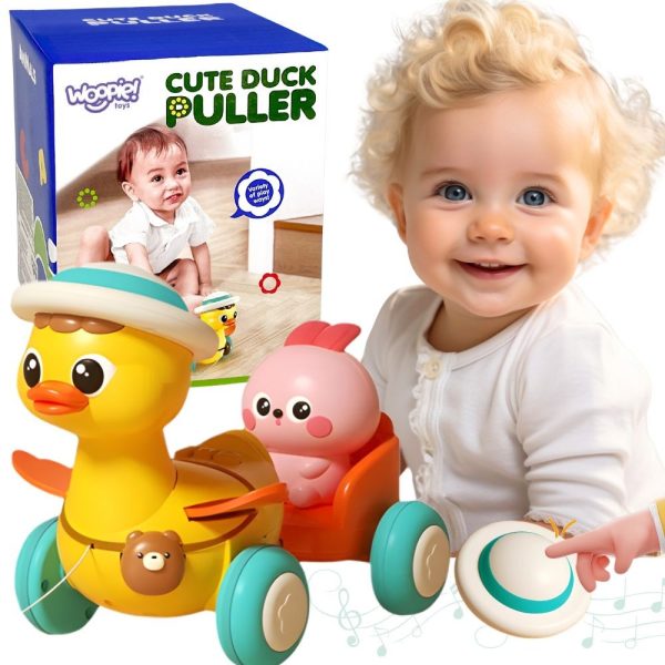 WOOPIE-BABY-Yellow-Duck-with-Pink-Bunny-in-Pull-Along-Trailer WOOPIE BABY Yellow Duck with Pink Bunny in Pull-Along Trailer