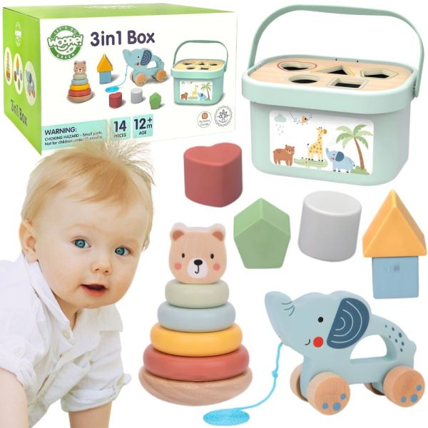 WOOPIE-GREEN-Sorter-Box-3in1-Blocks-Pyramid-Elephant-FSC WOOPIE GREEN Sorter Box 3in1 Blocks Pyramid Elephant FSC