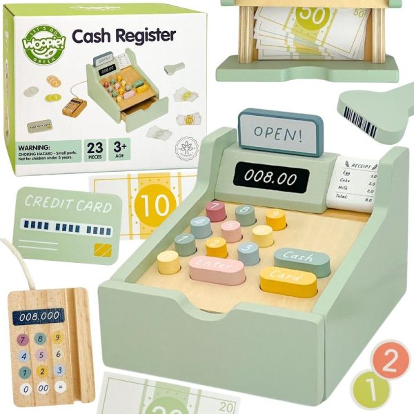 WOOPIE GREEN Wooden Educational Cash Register with Accessories 23 pcs FSC