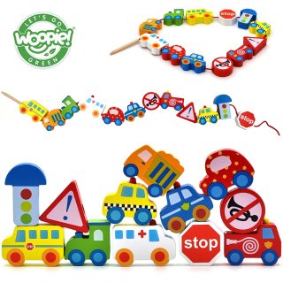 WOOPIE GREEN Wooden Threading Blocks Vehicles Cars 13 pcs.