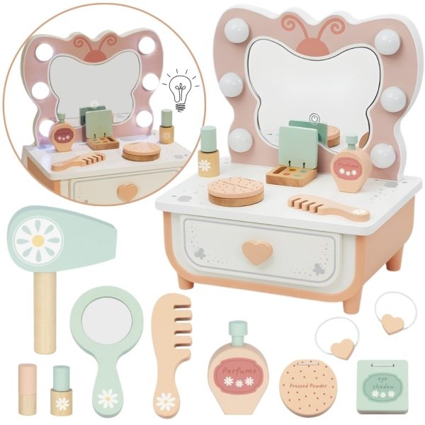 TOOKY-TOY-Wooden-Butterfly-Dressing-Table-Accessories-Mirror-with-LED-Lighting-Cosmetics TOOKY TOY Wooden Butterfly Dressing Table Accessories Mirror with LED Lighting + Cosmetics