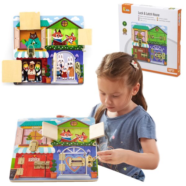 VIGA-Wooden-Manipulative-Board-for-Opening-Locks-and-Latches-Montessori-House VIGA Wooden Manipulative Board for Opening Locks and Latches Montessori House