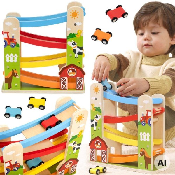 VIGA-Wooden-Racetrack-with-Farm-Theme VIGA Wooden Racetrack with Farm Theme